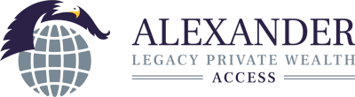 Alexander Legacy Private Wealth Access logo with text and a symbol of an eagle flying over a globe icon.