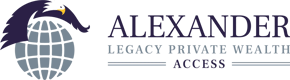 Alexander Legacy Private Wealth Access logo with text and a symbol of an eagle flying over a globe icon.